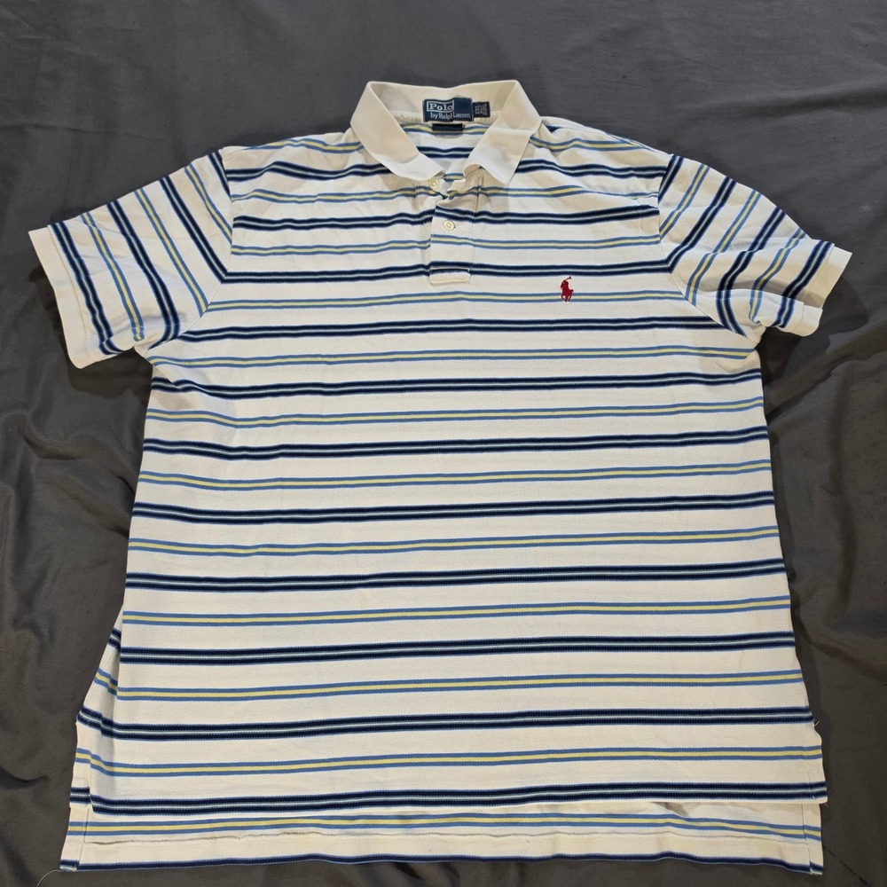 Polo Ralph Lauren Mens XXL Custom Fit Striped Polo Shirt White Blue Yellow 6973